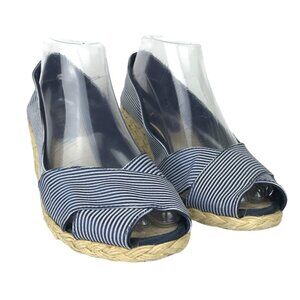 Lauren Ralph Lauren 9 Cecilia Espadrille Wedge Heel Peep Toe Blue White Striped